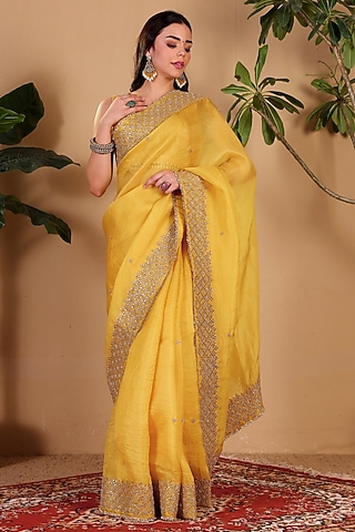 Yellow Organza Gota Hand Embroidered Banarasi Saree Set by Sonali Methi