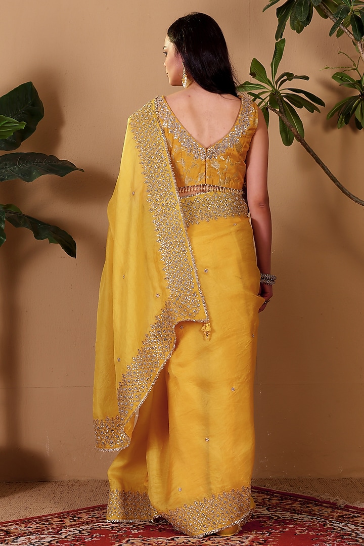 Yellow Organza Gota Hand Embroidered Banarasi Wedding Saree Set by Sonali Methi at Pernia's Pop Up Shop