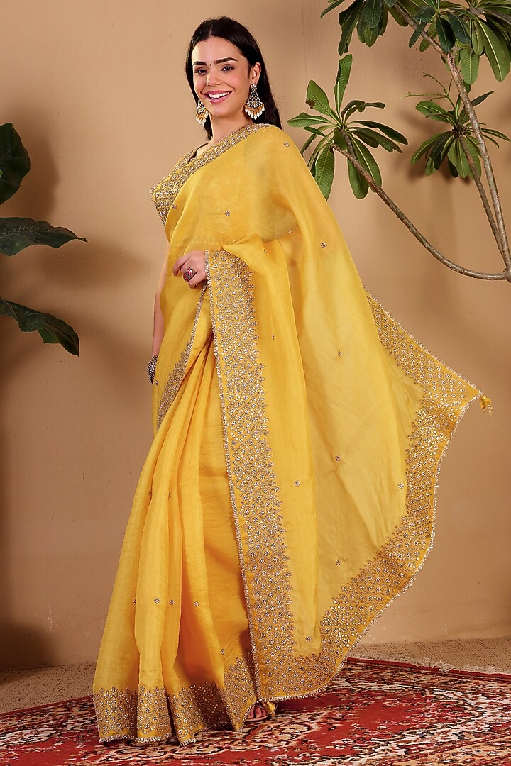 Yellow Organza Gota Hand Embroidered Banarasi Wedding Saree Set by Sonali Methi at Pernia's Pop Up Shop