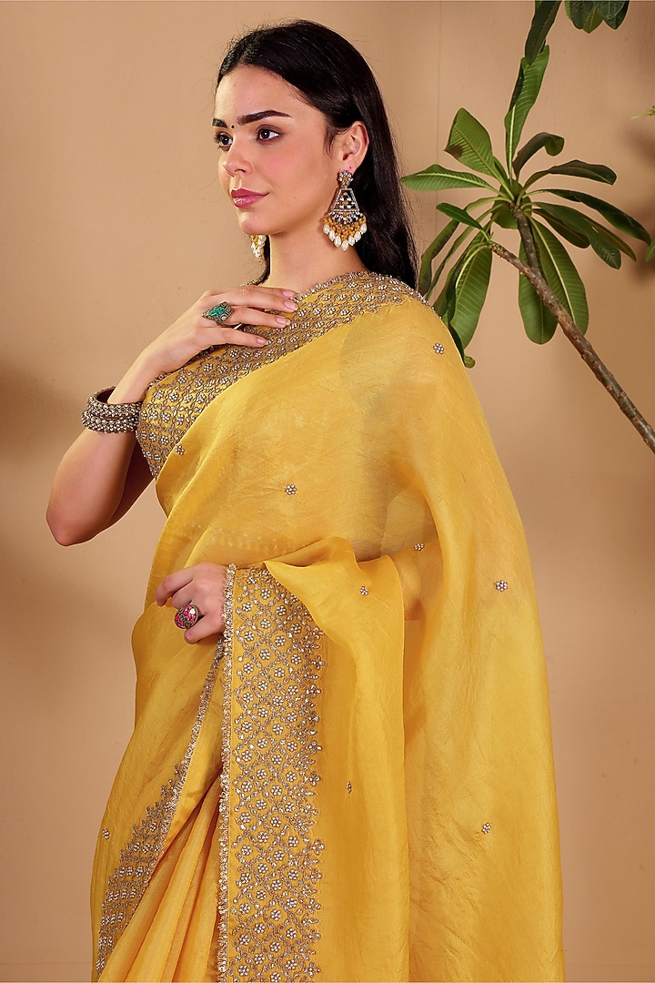 Yellow Organza Gota Hand Embroidered Banarasi Wedding Saree Set by Sonali Methi at Pernia's Pop Up Shop