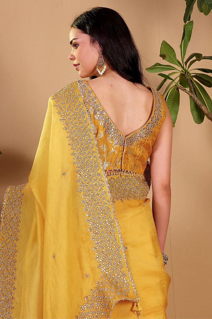 Yellow Organza Gota Hand Embroidered Banarasi Wedding Saree Set by Sonali Methi at Pernia's Pop Up Shop