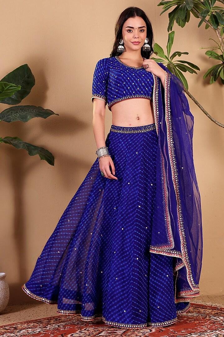 Blue Georgette Leheriya Wedding Lehenga Set by Sonali Methi at Pernia's Pop Up Shop