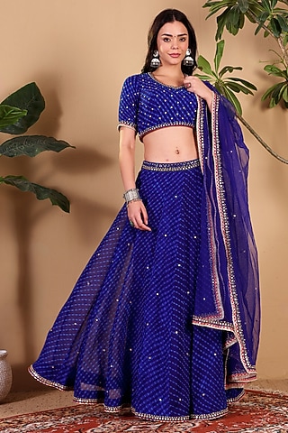 Blue Georgette Leheriya Lehenga Set by Sonali Methi