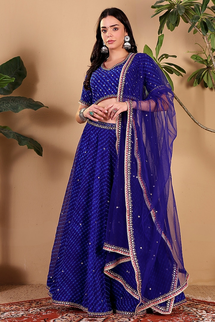 Blue Georgette Leheriya Wedding Lehenga Set by Sonali Methi at Pernia's Pop Up Shop