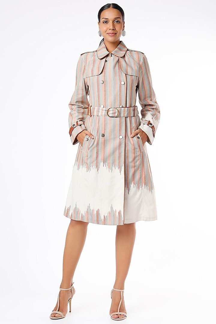 Brown Ikat Trench Coat by Sonica Sarna