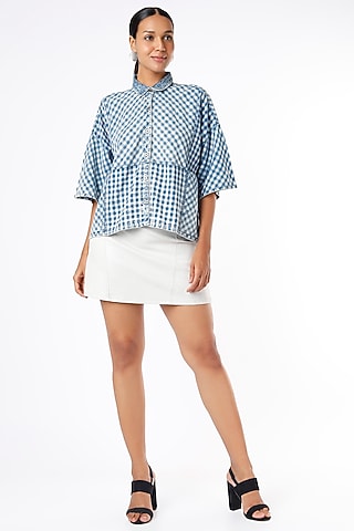Cobalt Blue Mosaic Checkered Blouse by Sonica Sarna