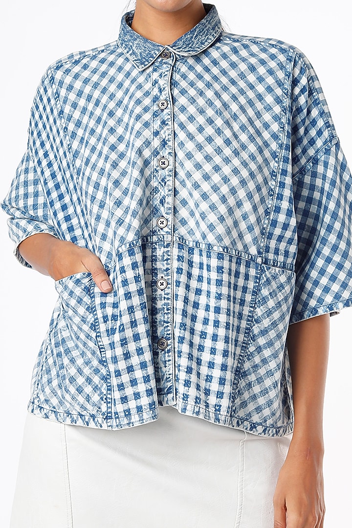 Cobalt Blue Mosaic Checkered Blouse by Sonica Sarna at Pernia's Pop Up Shop