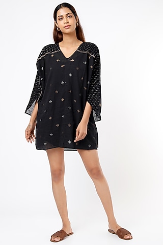 Black Hand Embroidered Kimono Mini Dress by Sonica Sarna