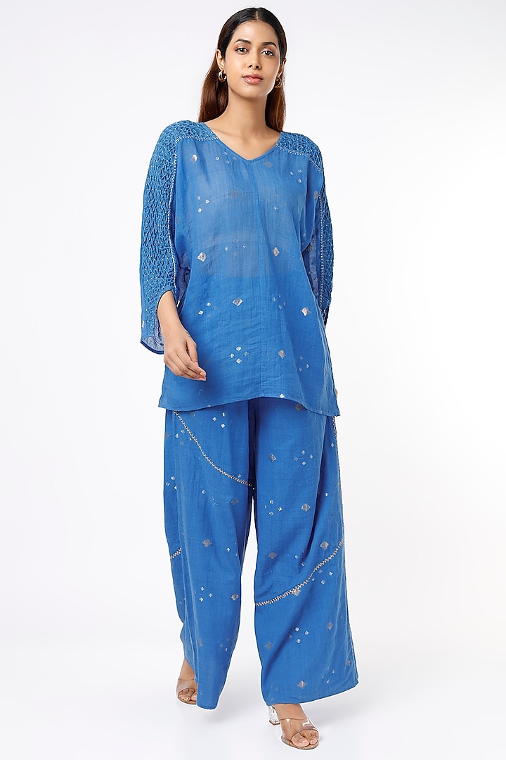 Blue Hand Embroidered Top by Sonica Sarna