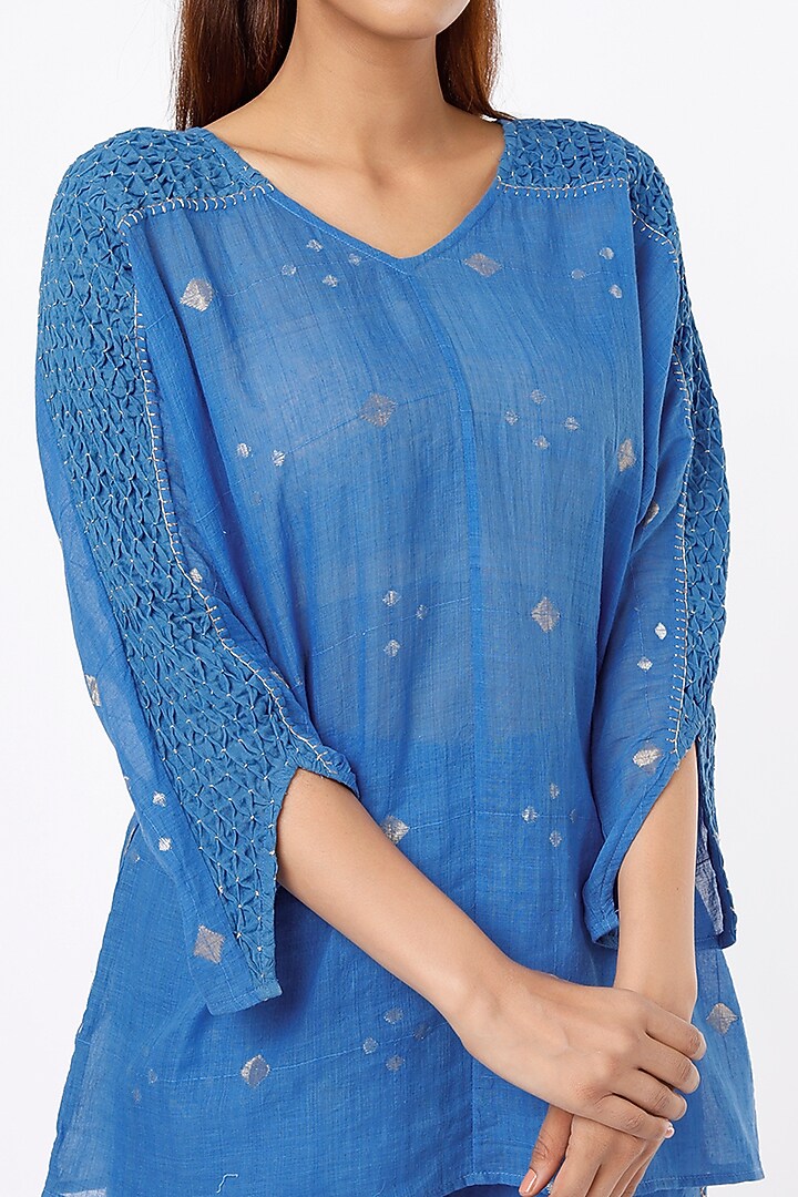 Blue Hand Embroidered Top by Sonica Sarna at Pernia's Pop Up Shop