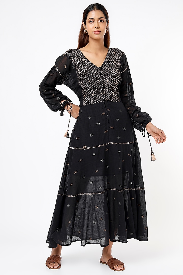 Black Hand Embroidered Midi Dress by Sonica Sarna