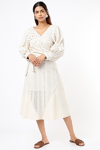 Beige Cotton Embroidered Skirt by Sonica Sarna