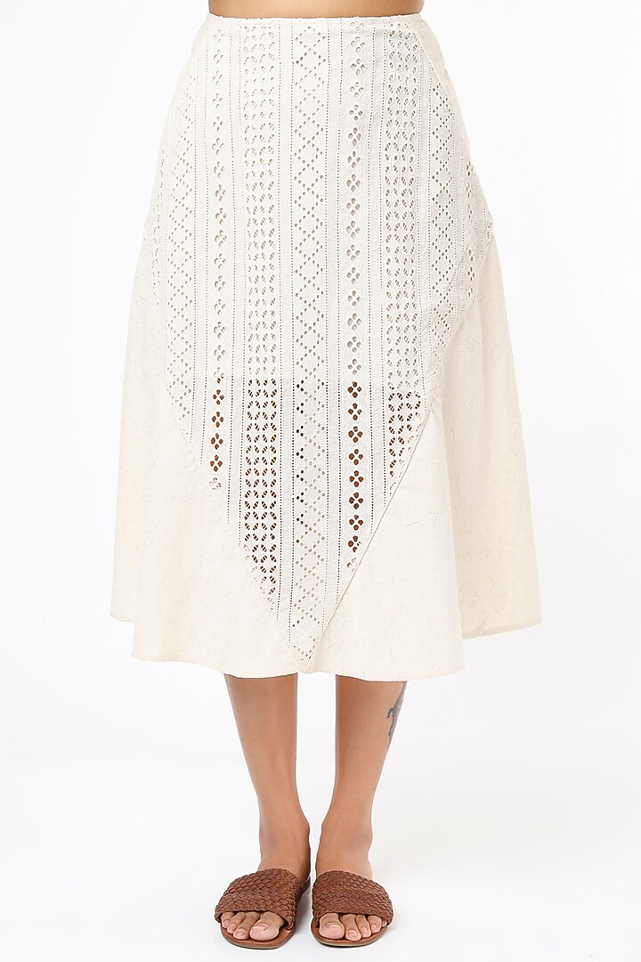 Beige Cotton Embroidered Skirt by Sonica Sarna at Pernia's Pop Up Shop