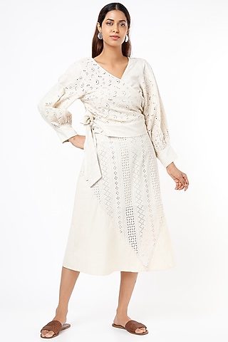 Beige Cotton Embroidered Wrapped Blouse by Sonica Sarna
