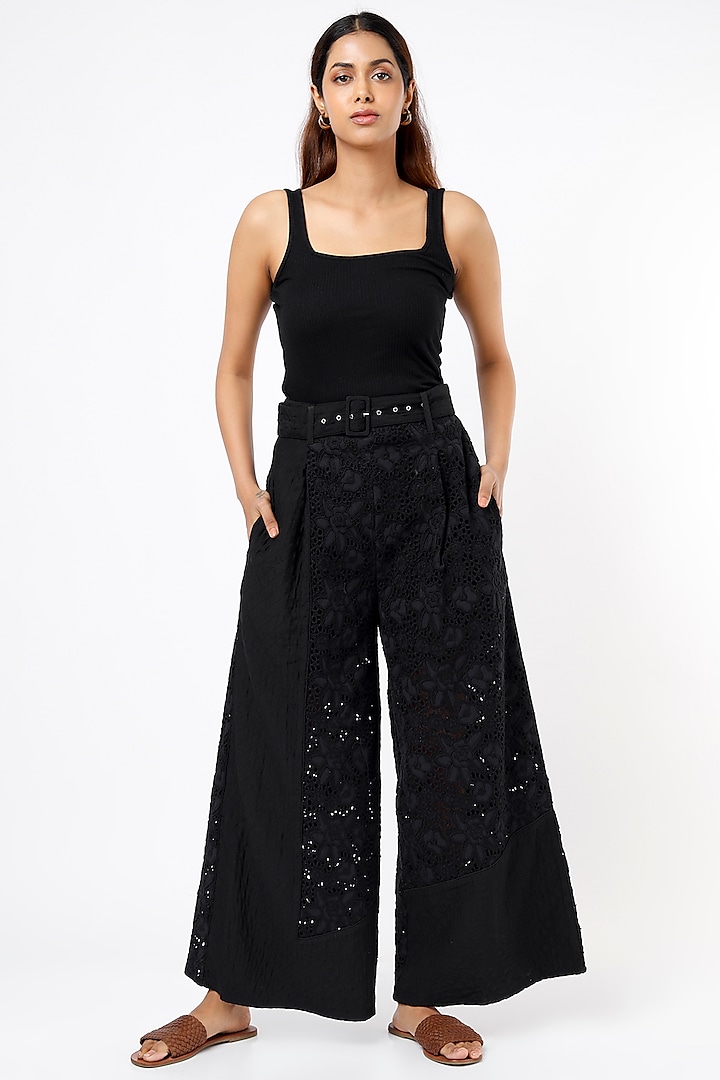 Black Cotton High Waist Pants by Sonica Sarna