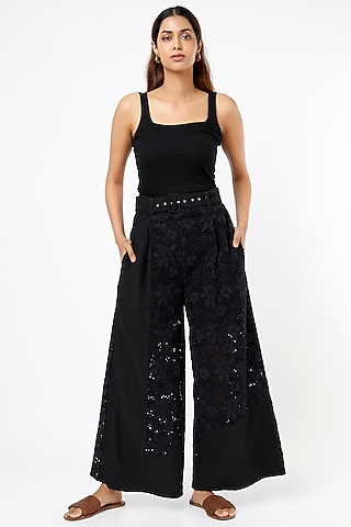 Black Cotton High Waist Pants by Sonica Sarna