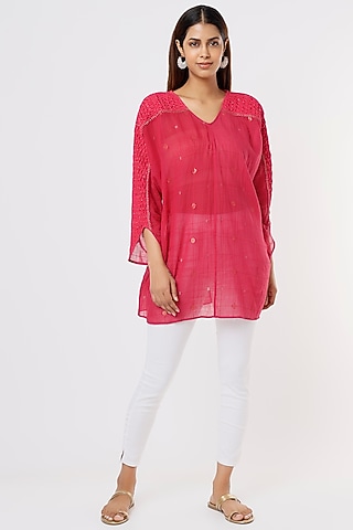 Fuchsia Hand Embroidered Kimono Top by Sonica Sarna