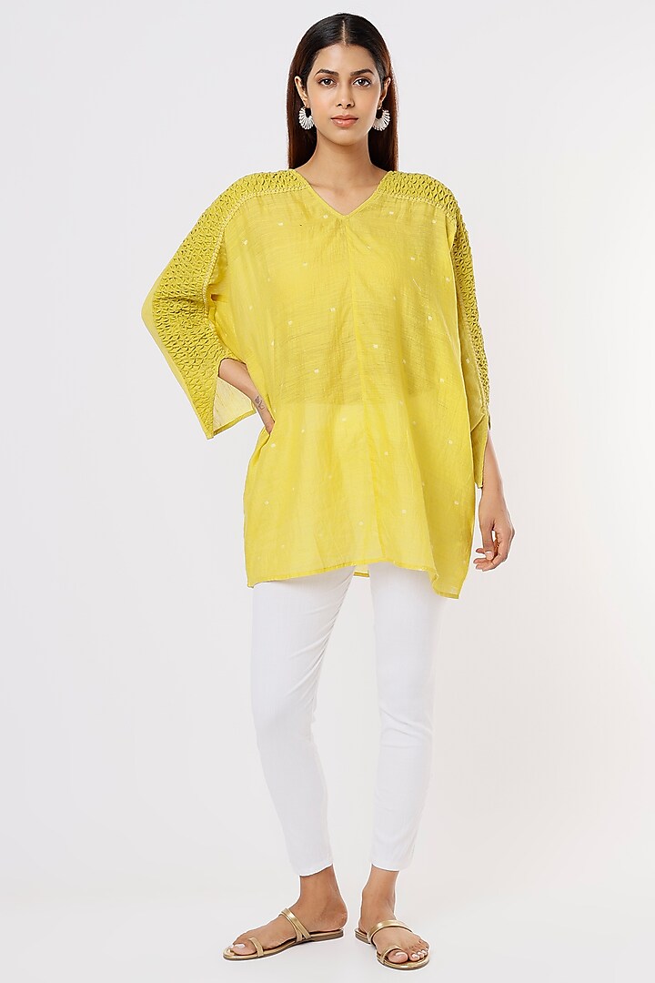 Yellow Hand Embroidered Kimono Top by Sonica Sarna