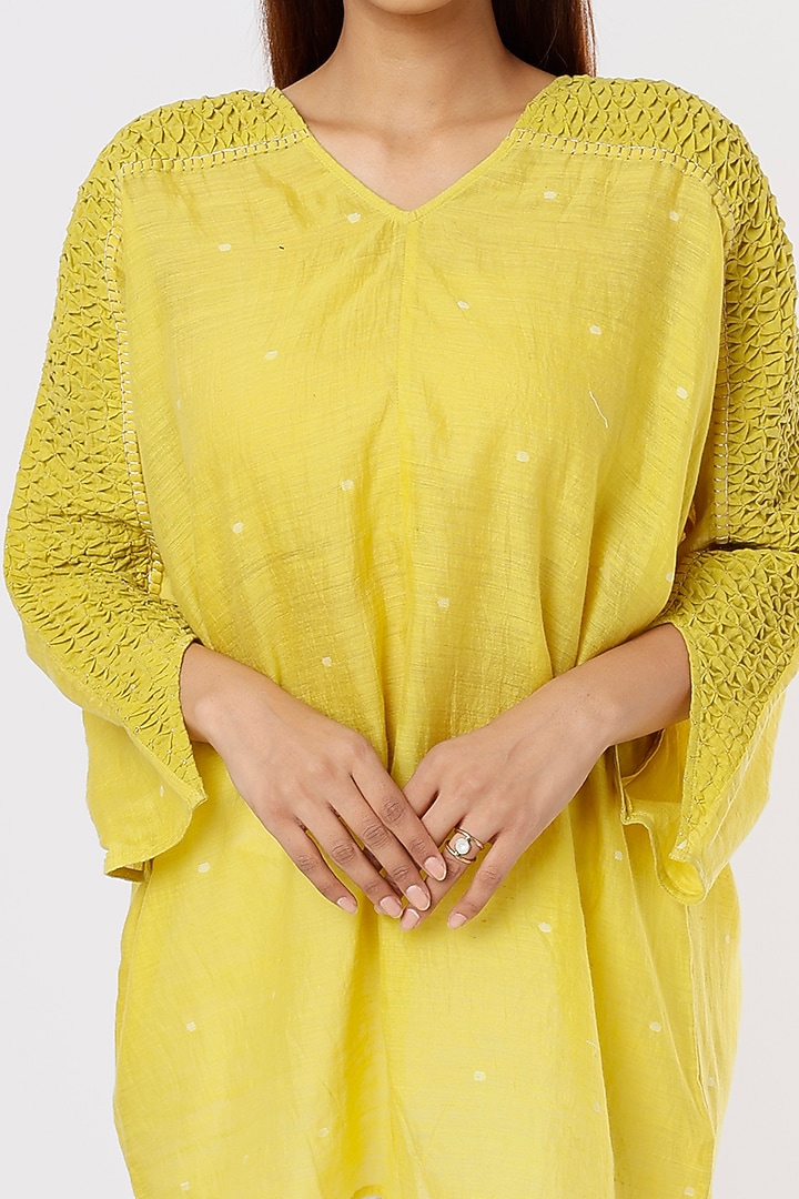 Yellow Hand Embroidered Kimono Top by Sonica Sarna at Pernia's Pop Up Shop