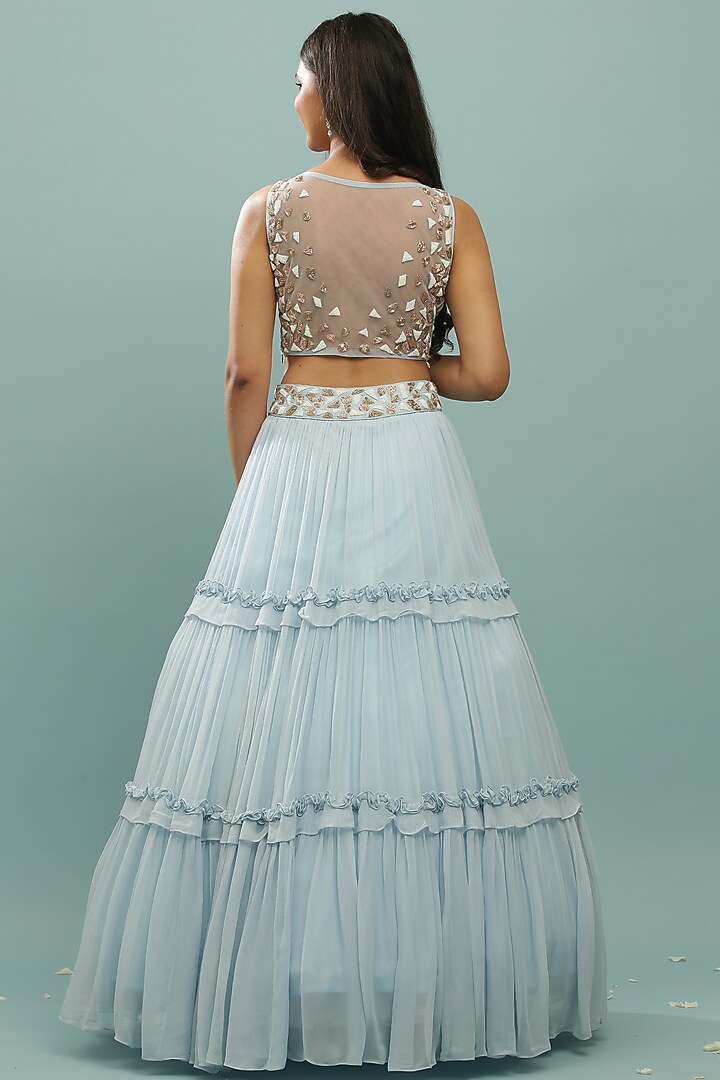 Powder Blue Georgette Frilled Wedding Lehenga Set by SONAL PASRIJA at Pernia's Pop Up Shop