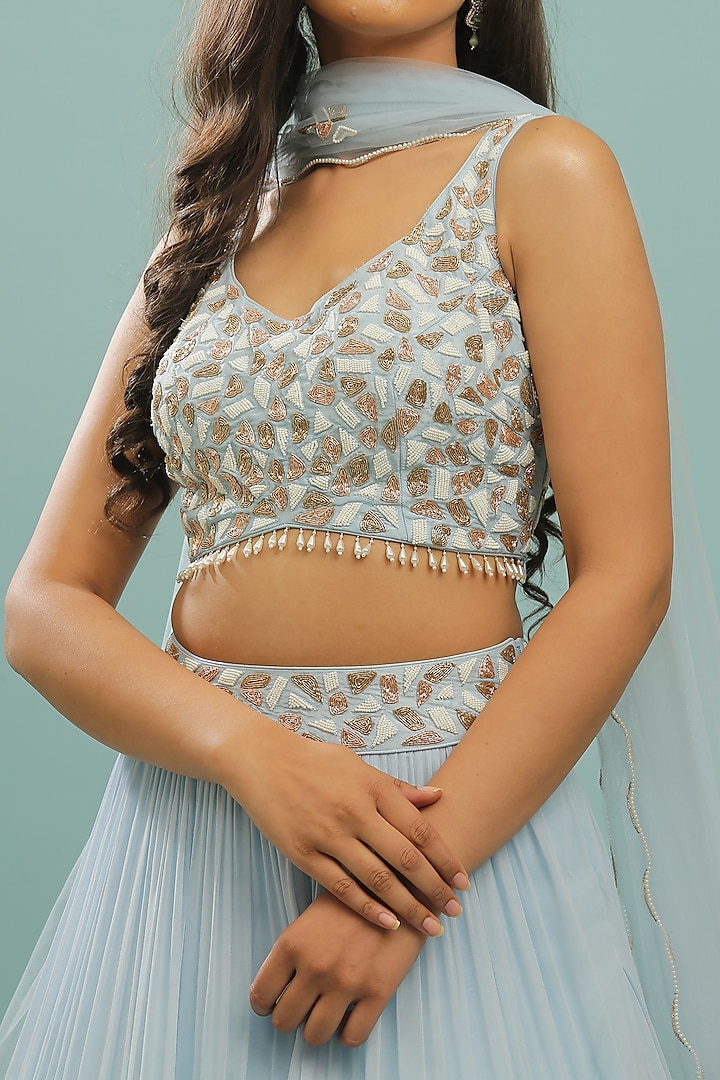 Powder Blue Georgette Frilled Wedding Lehenga Set by SONAL PASRIJA at Pernia's Pop Up Shop