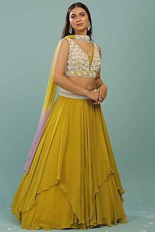 Lime Green Embroidered Lehenga Set by SONAL PASRIJA