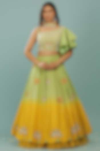 Green & Mustard Ombre Frilled Lehenga Set by SONAL PASRIJA