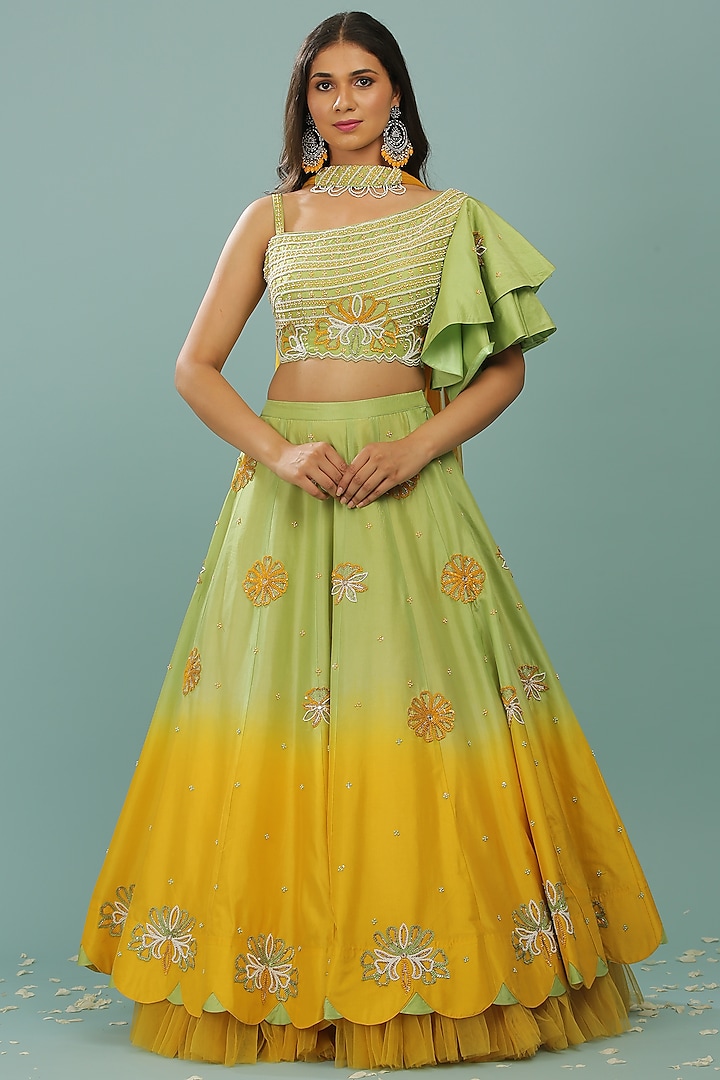 Green & Mustard Ombre Frilled Wedding Lehenga Set by SONAL PASRIJA at Pernia's Pop Up Shop