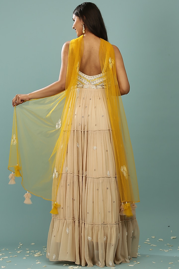 Beige Georgette Embroidered Wedding Anarkali Set by SONAL PASRIJA at Pernia's Pop Up Shop