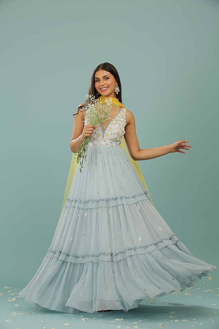 Powder Blue Embroidered Wedding Anarkali Set by SONAL PASRIJA at Pernia's Pop Up Shop