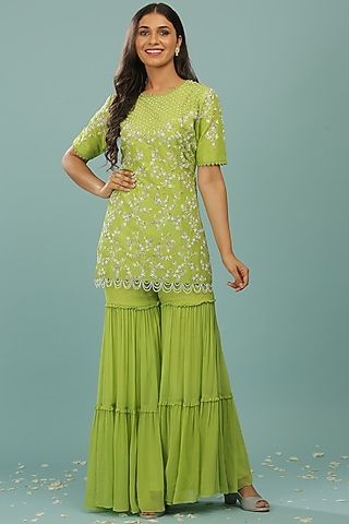 Lime Green Georgette & Upada Silk Layered Gharara Set by SONAL PASRIJA
