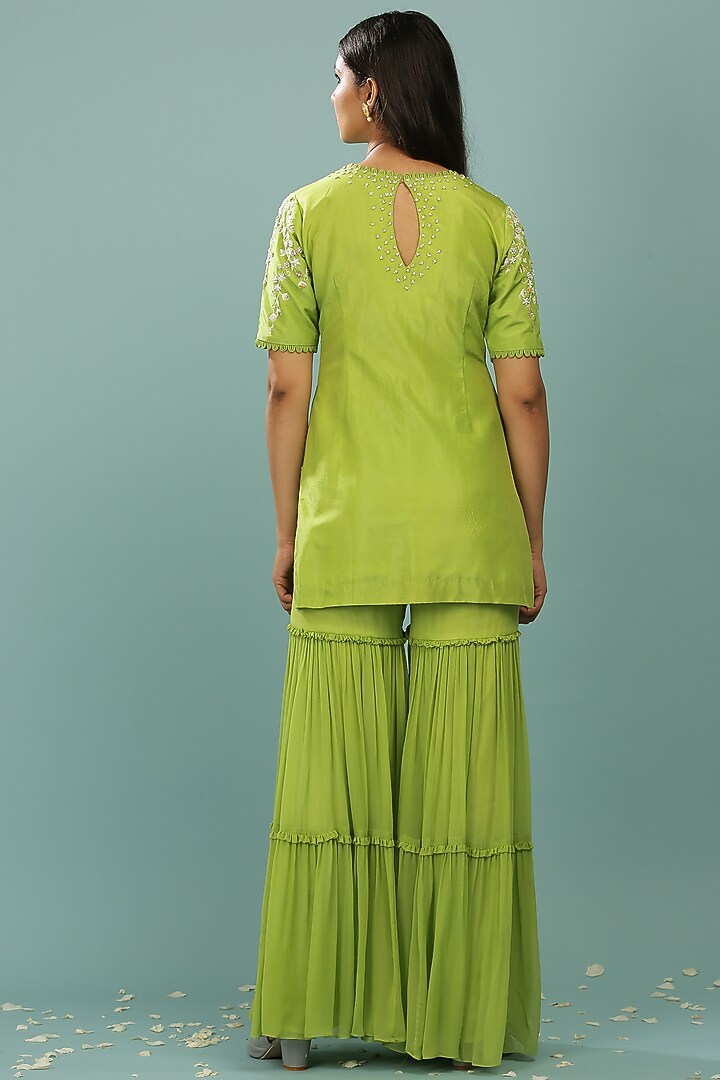 Lime Green Georgette & Upada Silk Layered Gharara Set by SONAL PASRIJA at Pernia's Pop Up Shop