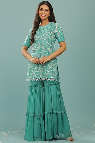 Teal Blue Georgette & Upada Silk Layered Gharara Set by SONAL PASRIJA