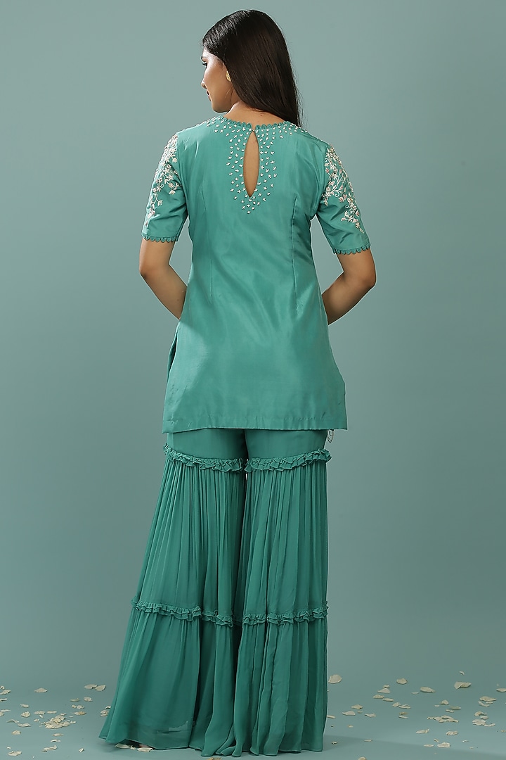 Teal Blue Georgette & Upada Silk Layered Gharara Set by SONAL PASRIJA at Pernia's Pop Up Shop