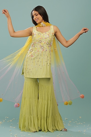 Light Green Georgette Layered Gharara Set by SONAL PASRIJA