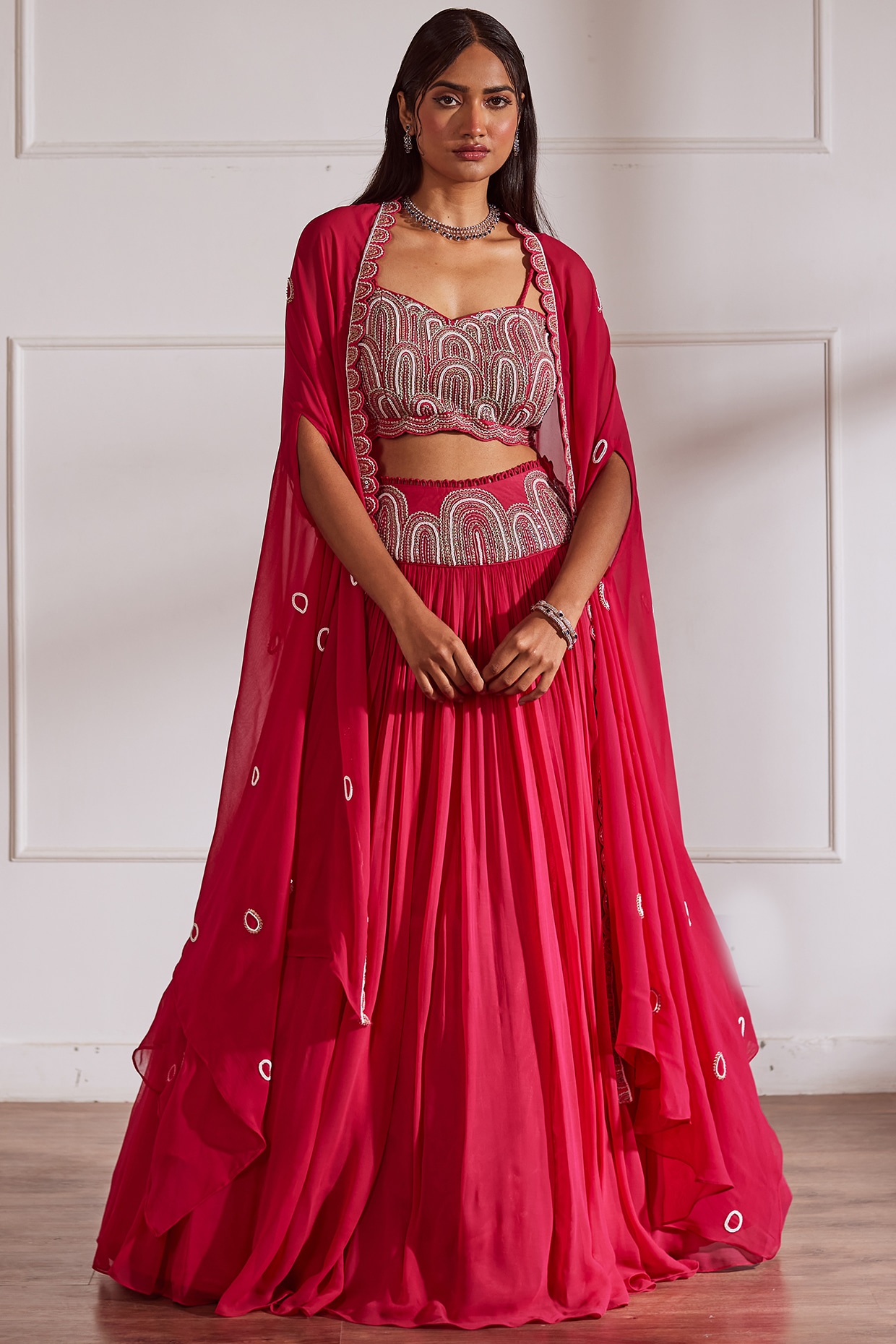 Fuchsia Pink Upada Silk Georgette Embroidered Jacket Wedding Lehenga Set by SONAL PASRIJA at Pernia s Pop Up Shop 2024