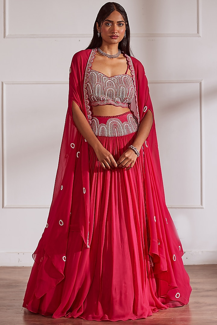 Fuchsia Pink Upada Silk & Georgette Embroidered Jacket Wedding Lehenga Set by SONAL PASRIJA at Pernia's Pop Up Shop