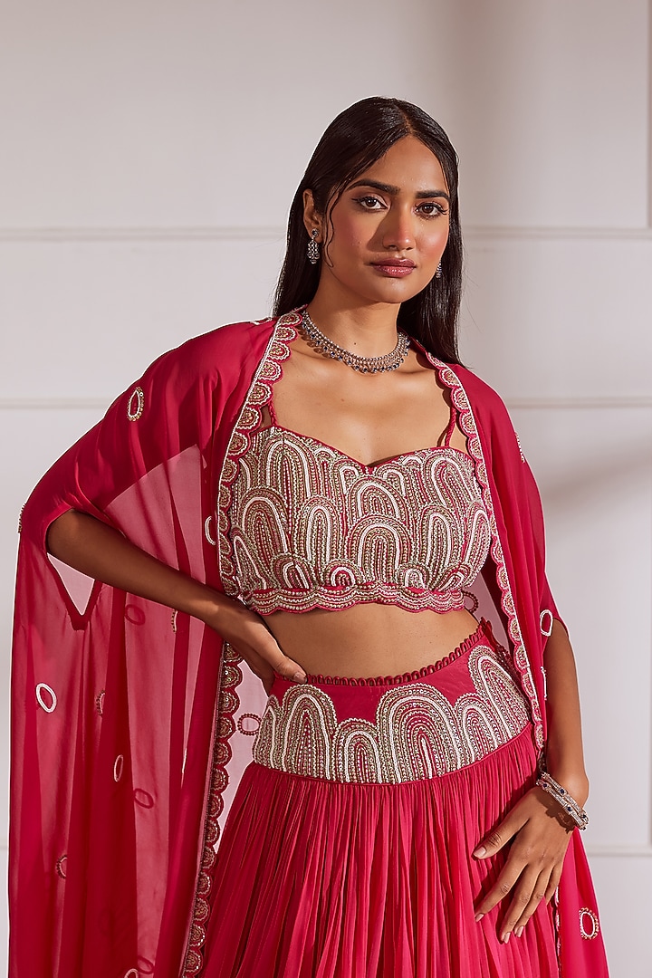 Fuchsia Pink Upada Silk & Georgette Embroidered Jacket Wedding Lehenga Set by SONAL PASRIJA at Pernia's Pop Up Shop