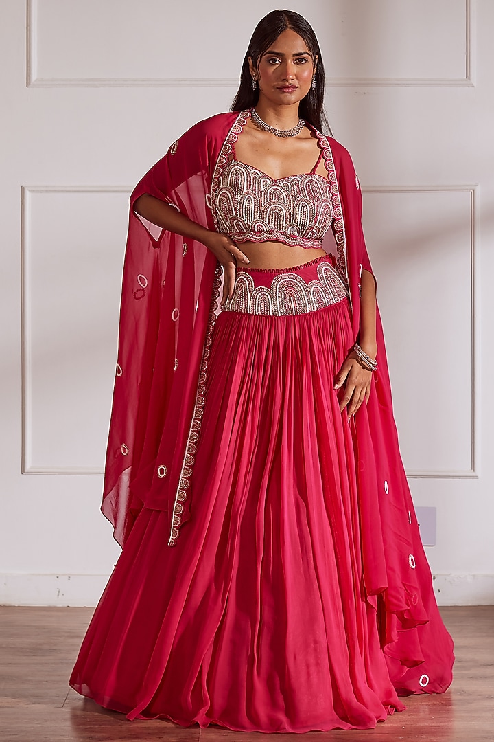 Fuchsia Pink Upada Silk & Georgette Embroidered Jacket Wedding Lehenga Set by SONAL PASRIJA at Pernia's Pop Up Shop