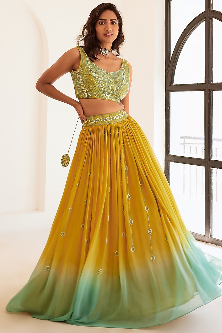 Yellow & Blue Ombre Georgette & Silk Wedding Lehenga Set by SONAL PASRIJA at Pernia's Pop Up Shop