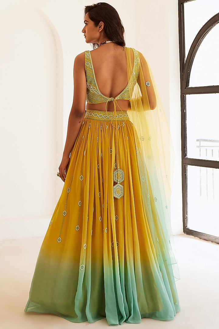 Yellow & Blue Ombre Georgette & Silk Wedding Lehenga Set by SONAL PASRIJA at Pernia's Pop Up Shop