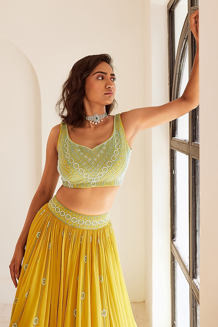 Yellow & Blue Ombre Georgette & Silk Wedding Lehenga Set by SONAL PASRIJA at Pernia's Pop Up Shop