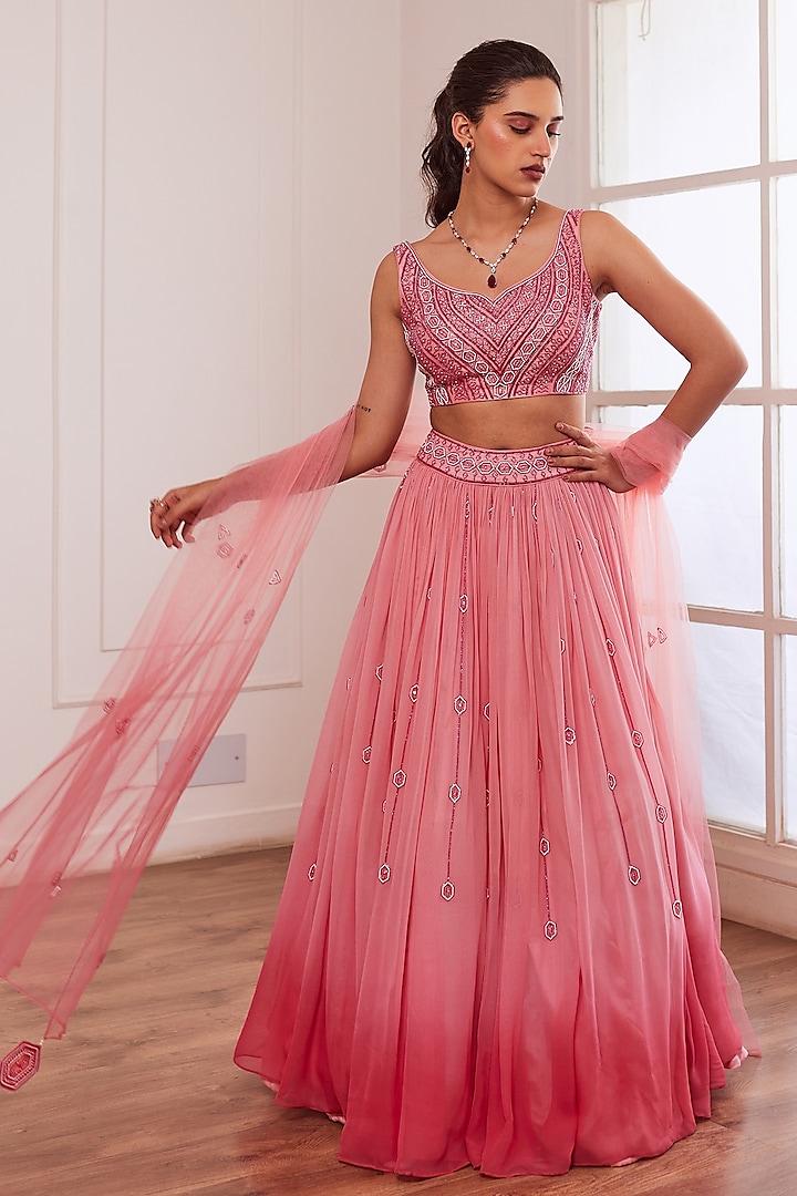 Peachish-Pink & Dark Pink Ombre Georgette & Silk Wedding Lehenga Set by SONAL PASRIJA at Pernia's Pop Up Shop
