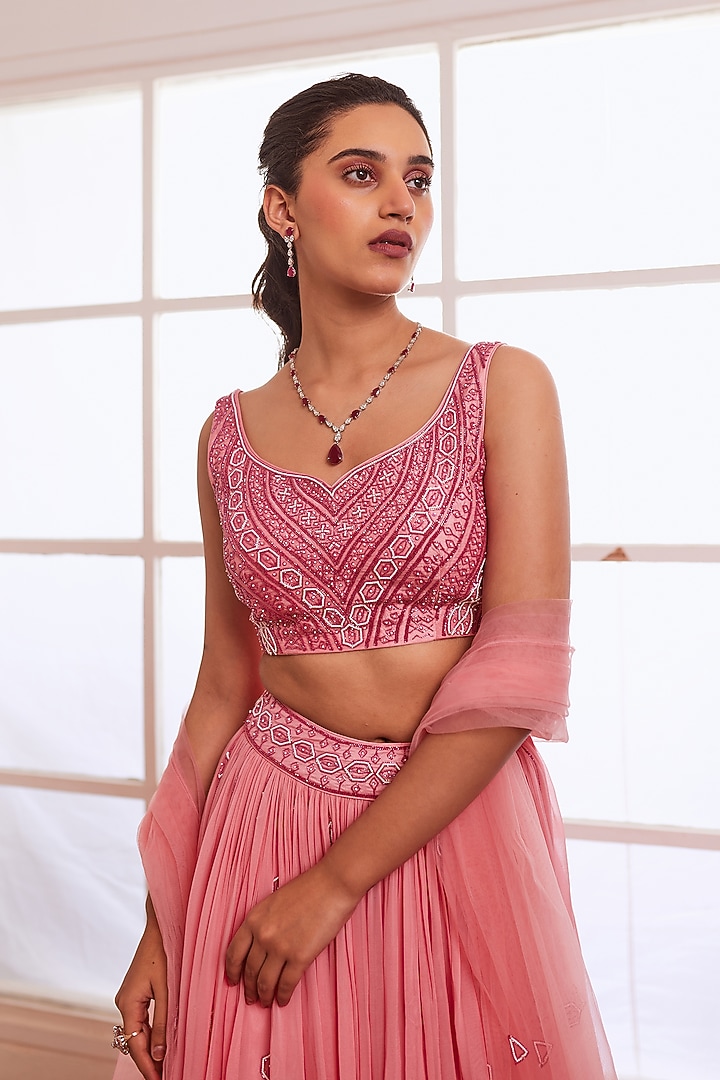 Peachish-Pink & Dark Pink Ombre Georgette & Silk Wedding Lehenga Set by SONAL PASRIJA at Pernia's Pop Up Shop