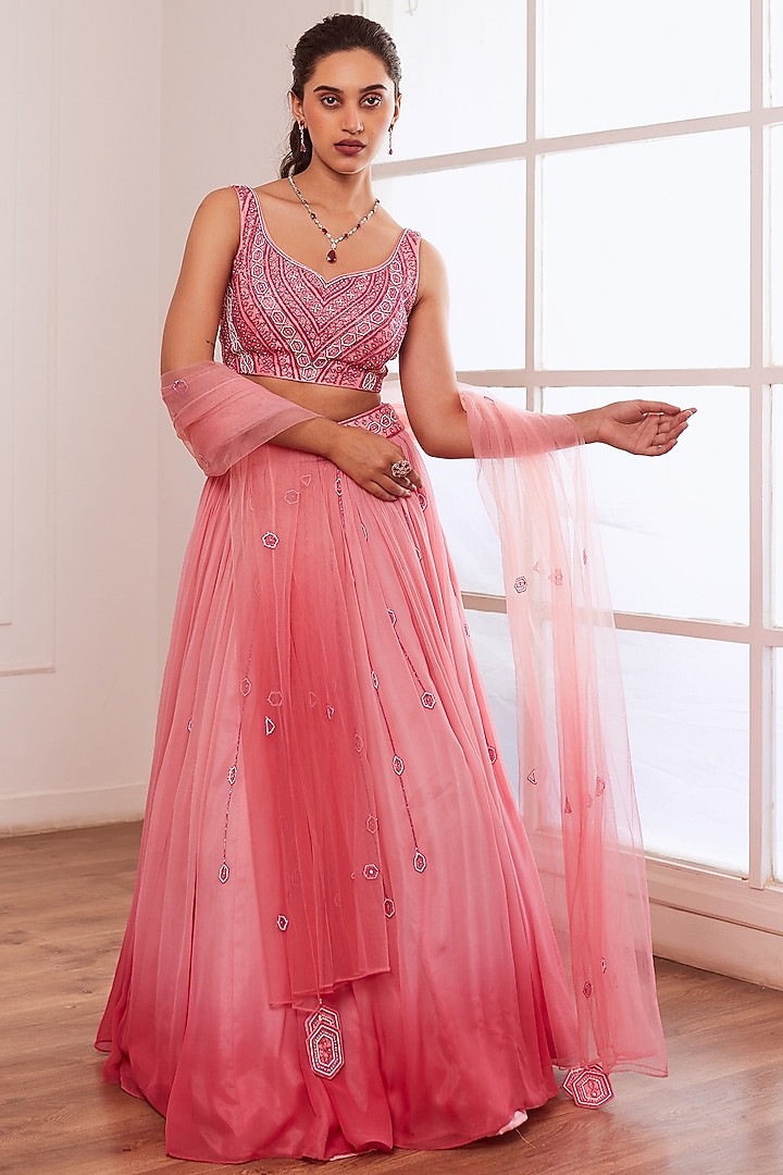 Peachish-Pink & Dark Pink Ombre Georgette & Silk Wedding Lehenga Set by SONAL PASRIJA at Pernia's Pop Up Shop