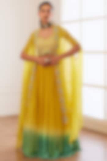 Yellow & Blue Ombre Georgette & Silk Jacket Wedding Lehenga Set by SONAL PASRIJA at Pernia's Pop Up Shop