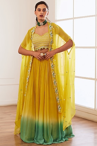 Yellow & Blue Ombre Georgette & Silk Jacket Lehenga Set by SONAL PASRIJA