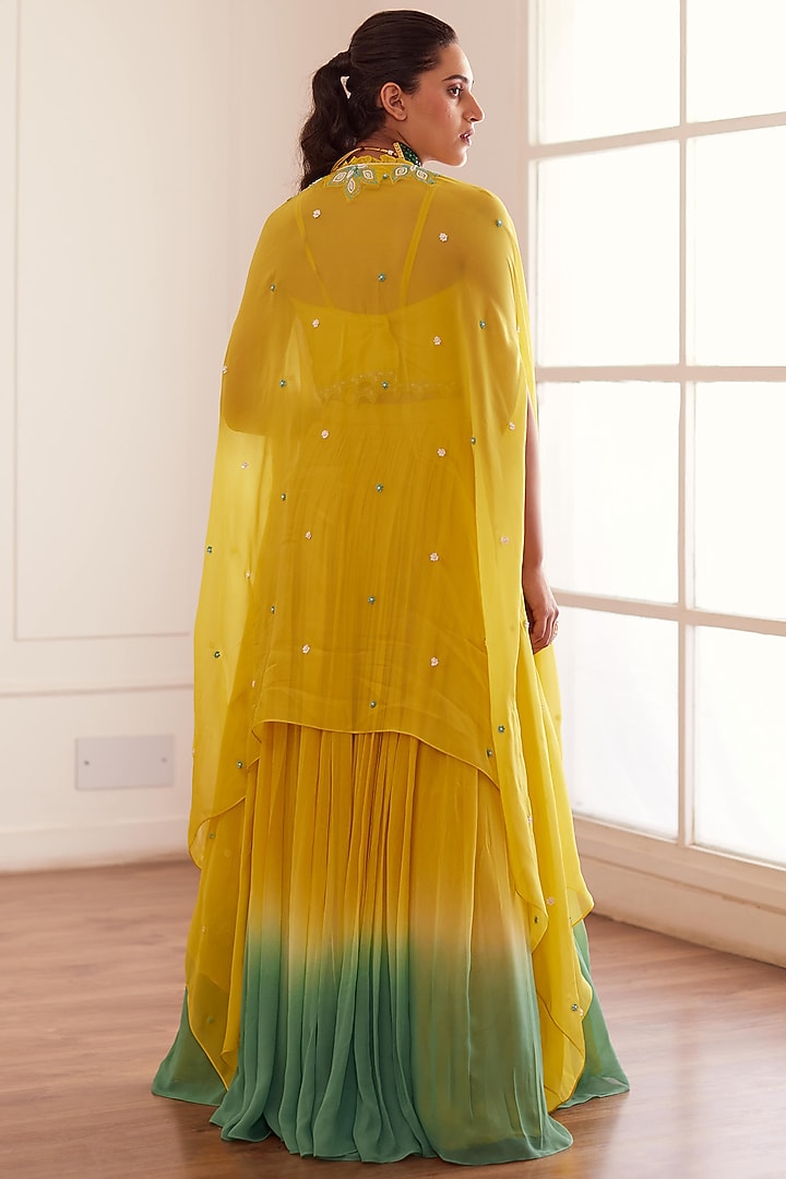 Yellow & Blue Ombre Georgette & Silk Jacket Wedding Lehenga Set by SONAL PASRIJA at Pernia's Pop Up Shop