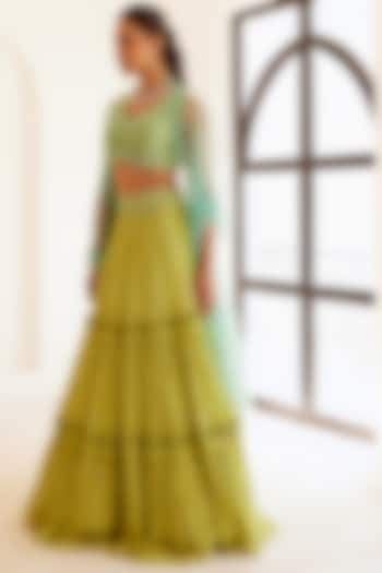 Green Georgette & Silk Layered Wedding Lehenga Set by SONAL PASRIJA at Pernia's Pop Up Shop