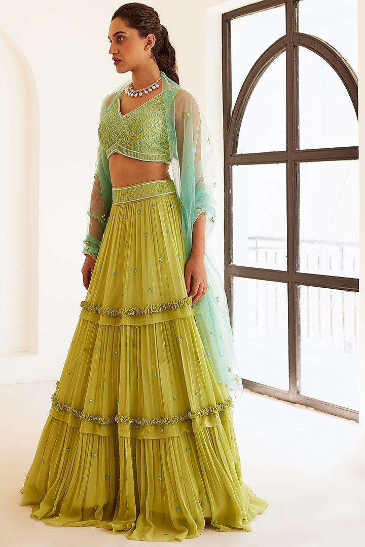 Green Georgette & Silk Layered Wedding Lehenga Set by SONAL PASRIJA at Pernia's Pop Up Shop